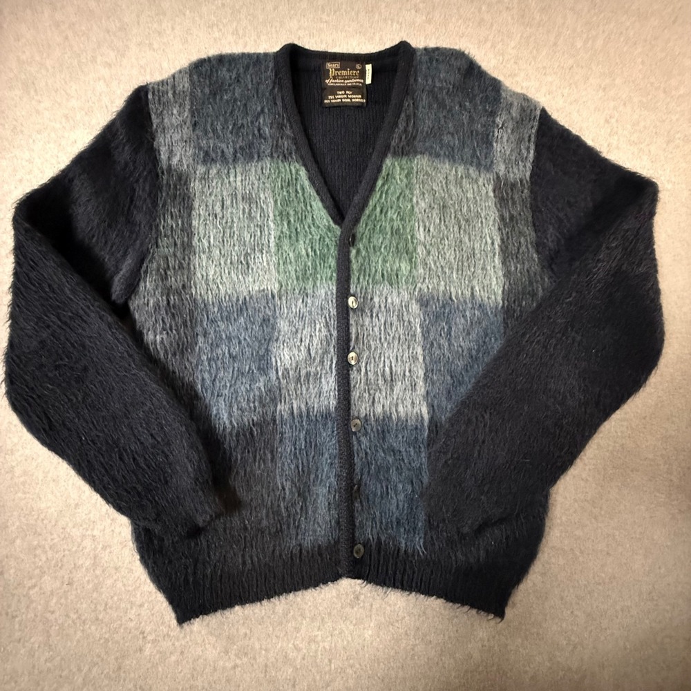 Vintage 60s 70s Sears Premiere Mohair Wool Plaid Cardigan Sweater Blue Large